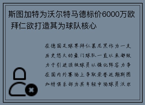 斯图加特为沃尔特马德标价6000万欧 拜仁欲打造其为球队核心
