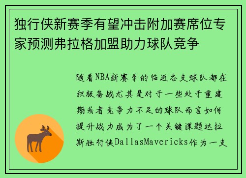 独行侠新赛季有望冲击附加赛席位专家预测弗拉格加盟助力球队竞争